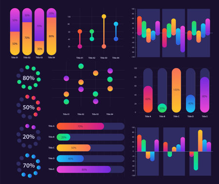 Professional info analysis infographic chart design template set for dark theme. visual data presentation. Bar graphs and circular diagrams collection. Myriad Variable Concept font usedのイラスト素材