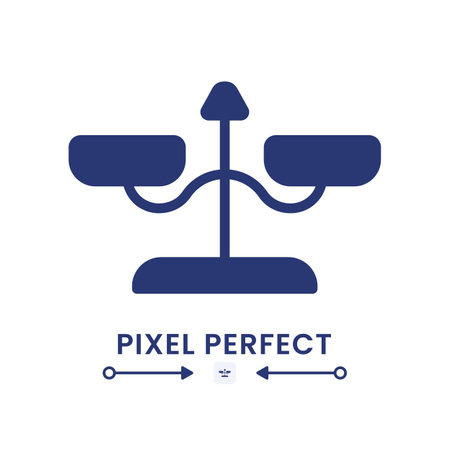 Balance scales black solid desktop icon. weight measuring device. court justice. Quality symbol. Pixel perfect, outline 4px. Silhouette symbol on white space. Glyph icon. isolated vector imageのイラスト素材