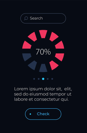 Circle chart of progress UI element template. Editable isolated vector dashboard component. flat user interface. visual data presentation. Web design widget for mobile application with dark themeのイラスト素材