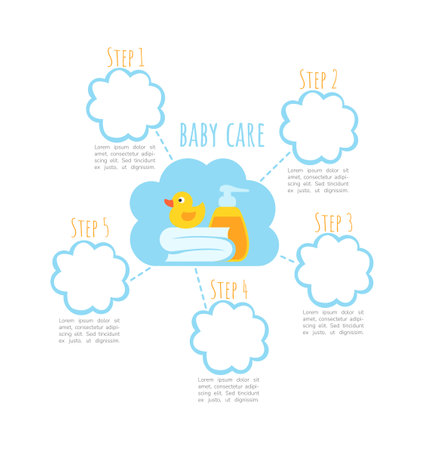 Baby care infographic chart design template. bath routine. Abstract infochart with copy space. Instructional graphics with 5 step sequence. visual data presentation. Amatic SC Bold, Regular fonts usedのイラスト素材