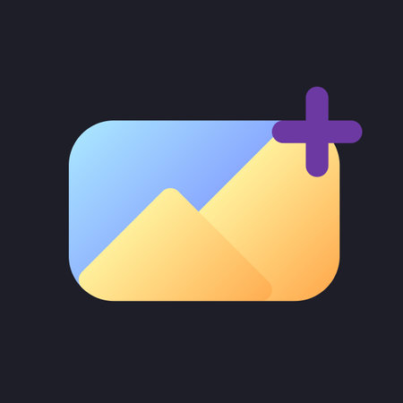 Add image flat gradient fill ui icon for dark theme. Insert photo into footage. editing tool. Pixel perfect color pictogram. GUI, UX design on black space. Vector isolated RGB illustrationのイラスト素材