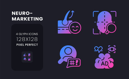 Neuromarketing purple solid gradient desktop icons. marketing research. customer preferences. Pixel perfect 128x128, outline 4px. Glyph pictograms kit for dark theme. isolated vector imagesのイラスト素材