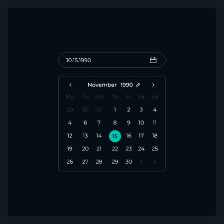 Calendar date picker UI element template. Editable isolated vector dashboard component. flat user interface. visual data presentation. Web design widget for mobile application with dark themeのイラスト素材