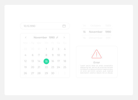 Choosing calendar date UI elements kit. isolated vector components. Flat navigation menus and interface buttons template. Web design widget collection for mobile application with light themeのイラスト素材