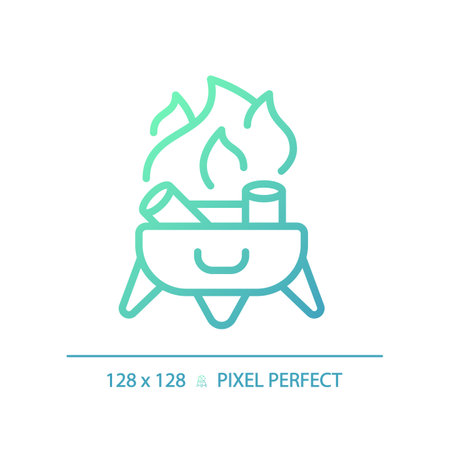 2D pixel perfect gradient campfire icon, isolated vector, green hiking gear thin line illustration.のイラスト素材