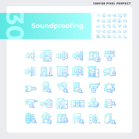 Pixel perfect gradient icons collection representing soundproofing, blue thin line illustration.のイラスト素材