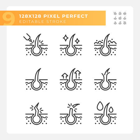 2D pixel perfect black icons set representing haircare, customizable thin line illustration.のイラスト素材