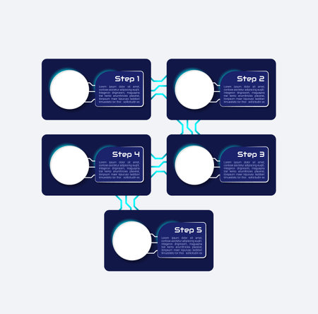 Digitalization infographic chart design template. Abstract infochart with copy space. Instructional graphics with 5 step sequence. Visual data presentation. Audiowide, Roboto Light fonts usedのイラスト素材