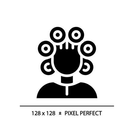 2D pixel perfect woman with rollers on head glyph style icon, isolated vector, haircare simple black silhouette illustration.のイラスト素材