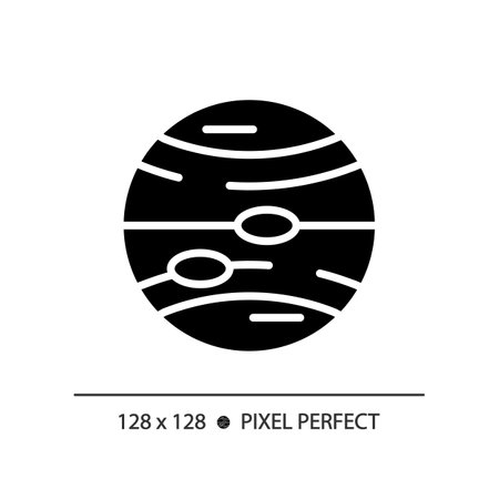 Jupiter pixel perfect black glyph icon. Planetary astronomy. Solar system. Space mission. Science education. Silhouette symbol on white space. Solid pictogram. Vector isolated illustrationのイラスト素材