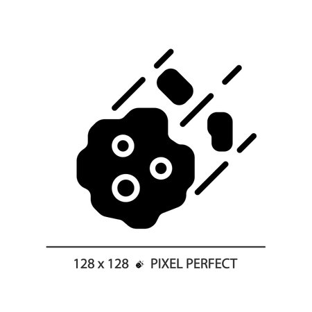 Asteroid pixel perfect black glyph icon. Space rock. Potentially hazardous object. Celestial body. Natural disaster. Silhouette symbol on white space. Solid pictogram. Vector isolated illustrationのイラスト素材