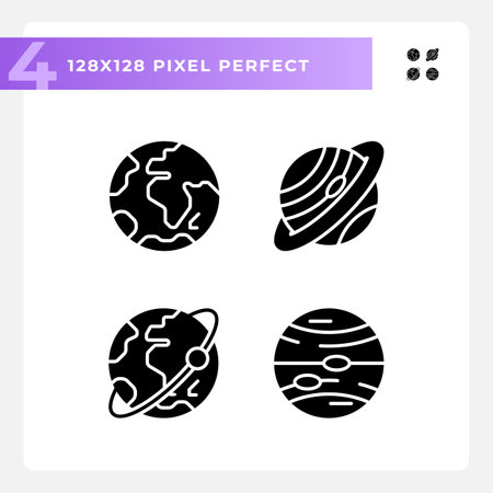 Planets pixel perfect black glyph icons set on white space. Astronomy education. Space body. Planetary system. Milky way. Silhouette symbols. Solid pictogram pack. Vector isolated illustrationのイラスト素材