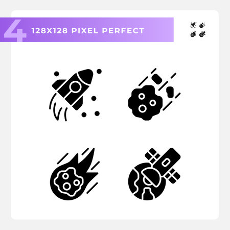 Cosmic exploration pixel perfect black glyph icons set on white space. Space research. Futuristic technology. Astronomy science. Silhouette symbols. Solid pictogram pack. Vector isolated illustrationのイラスト素材