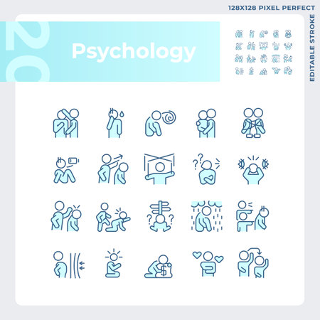 2D pixel perfect simple blue icons set representing psychology, editable thin linear illustration.のイラスト素材