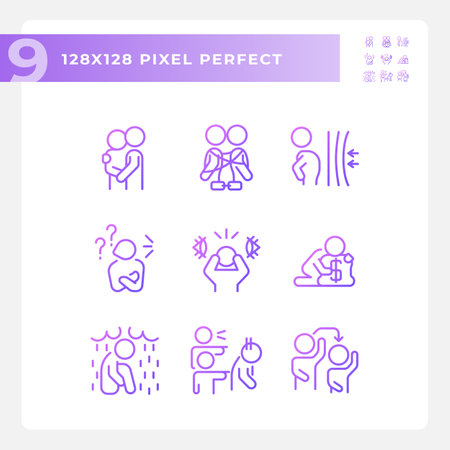 2D pixel perfect gradient icons set representing psychology, purple thin line illustration.のイラスト素材