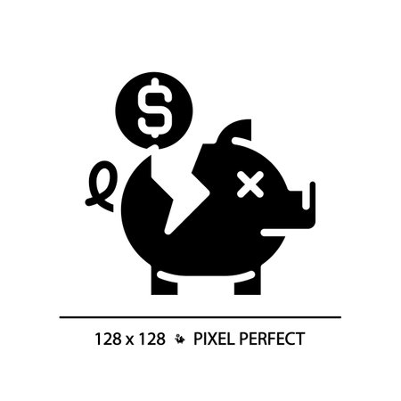 2D pixel perfect glyph style broken piggy bank icon, solid isolated vector, simple silhouette illustration representing economic crisis.のイラスト素材