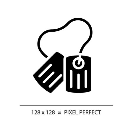 2D pixel perfect glyph style dog tag icon, isolated vector, flat silhouette illustration representing weapons.のイラスト素材