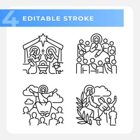 Ministry of Jesus linear icons set. Palm sunday and Last Supper. Christian stories. Holy figures. Customizable thin line symbols. Isolated vector outline illustrations. Editable strokeのイラスト素材