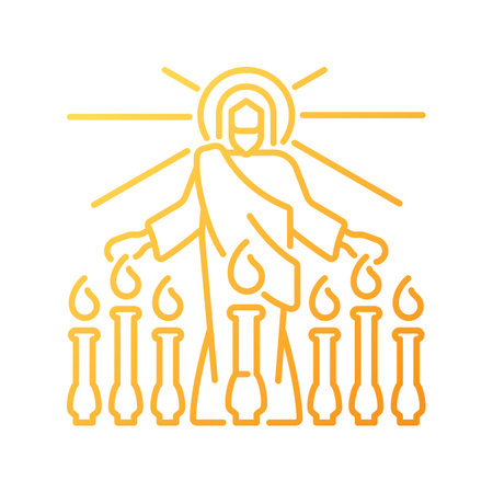 Revelation gradient linear vector icon. Jesus Christ and seven lampstands. Biblical scene. Apostle John vision. Thin line color symbol. Modern style pictogram. Vector isolated outline drawingのイラスト素材
