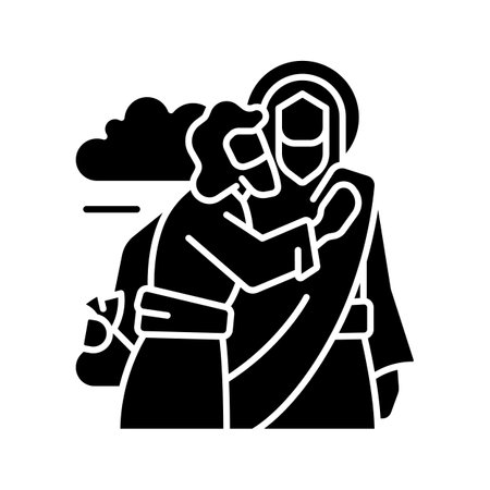 Kiss of Judas black glyph icon. Jesus Christ betrayed by Judas Iscariot. Treacherous disciple. Biblical scene. Silhouette symbol on white space. Solid pictogram. Vector isolated illustrationのイラスト素材