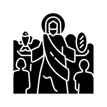 Feeding of thousands of five black glyph icon. Jesus Christ feeds multitude. Biblical scene. New testament. Silhouette symbol on white space. Solid pictogram. Vector isolated illustrationのイラスト素材