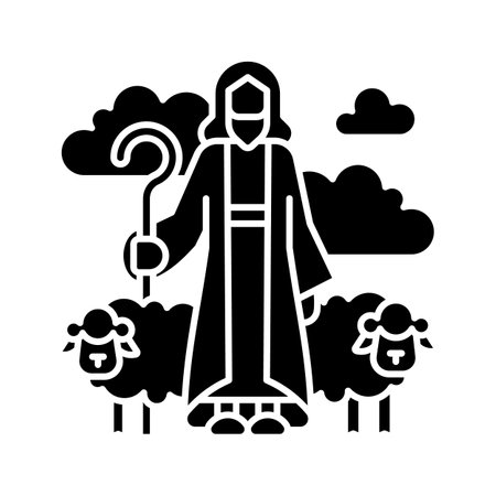 Shepherd black glyph icon. Man with flock of sheep. Good shepherd. Jesus Christ human representation. Biblical scene. Silhouette symbol on white space. Solid pictogram. Vector isolated illustrationのイラスト素材