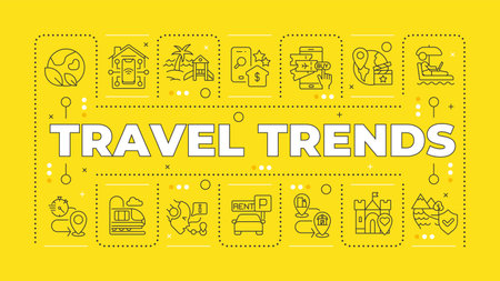 Travel trends yellow word concept. Tourism and hospitality industry. Technology integration. Horizontal vector image. Headline text surrounded by editable outline icons. Hubot Sans font usedのイラスト素材