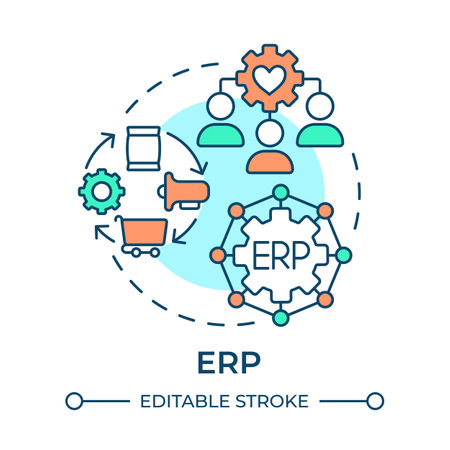 ERP multi color concept icon. Enterprise resource planning. Smart factory technology. Round shape line illustration. Abstract idea. Graphic design. Easy to use in infographic, articleのイラスト素材