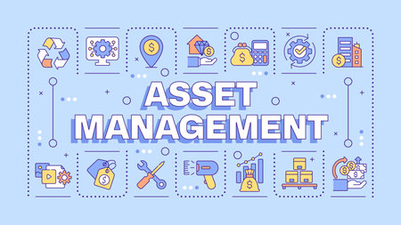 Asset management light blue word concept. Financial planning. Business investment. Typography banner. Vector illustration with title text, editable icons color. Hubot Sans font usedのイラスト素材