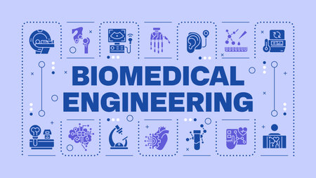Biomedical engineering light purple word concept. Medical technologies. Biotechnology. Visual communication. Vector art with lettering text, editable glyph icons. Hubot Sans font usedのイラスト素材