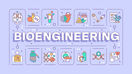 Bioengineering purple word concept. Genetic engineering. Medical devices. DNA. Bioinformatics. Typography banner. Vector illustration with title text, editable icons color. Hubot Sans font usedのイラスト素材