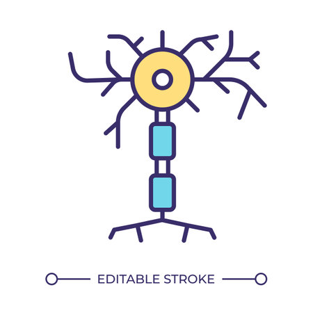 Neuron RGB color icon. Nerve cell. Central nervous system. Signal transmission in brain cell. Axon terminals. Isolated vector illustration. Simple filled line drawing. Editable strokeのイラスト素材