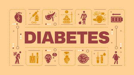 Diabetes peach word concept. Chronic illness. Symptoms and treatment. Blood glucose levels. Visual communication. Vector art with lettering text, editable glyph icons. Hubot Sans font usedのイラスト素材