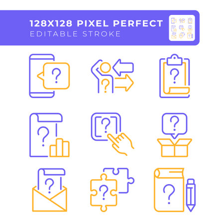 Asking questions two color line icons set. Symbols with question marks bicolor outline iconset isolated. Problem solving. Creative inquiry. Duotone pictograms thin linear. Editable strokeのイラスト素材