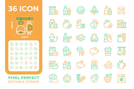 Food and drink two color line icons set. Grocery store. Supermarket product categories. Shopping list bicolor outline iconset isolated. Duotone pictograms thin linear. Editable strokeのイラスト素材
