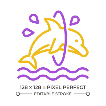 Dolphin trick pixel perfect two color line icon. Jumping through hoop. Dolphinarium. Acrobatic entertainment bicolor outline symbol. Duotone linear pictogram. Isolated illustration. Editable strokeのイラスト素材