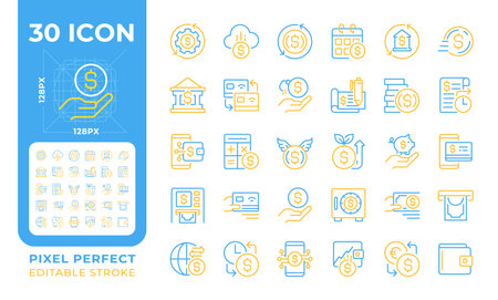 Money and finance two color line icons set. Budget planning. Banking icons. Online payment and transactions bicolor outline iconset isolated. Duotone pictograms thin linear. Editable strokeのイラスト素材