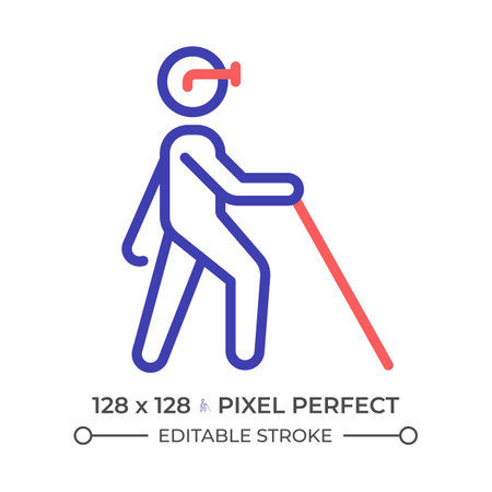 Blind with cane two color line icon. Vision loss, walking stick. Disabled person. Blindness diagnose bicolor outline symbol. Duotone linear pictogram. Isolated illustration. Editable strokeのイラスト素材