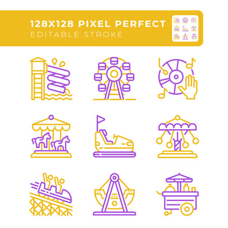 Amusement park attractions two color line icons set. Fairground activities. Family vacation. Outdoor activities bicolor outline iconset isolated. Duotone pictograms thin linear. Editable strokeのイラスト素材