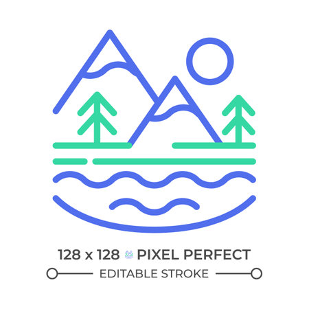 Surface water two color line icon. Water body. Mountain landscape with lake. Outdoor scenery. Natural resources bicolor outline symbol. Duotone linear pictogram. Isolated illustration. Editable strokeのイラスト素材