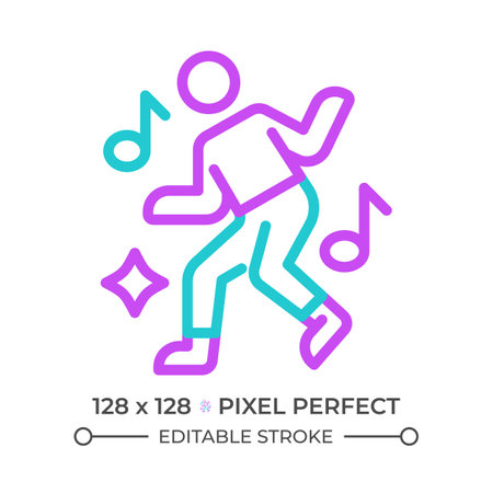 Dancing two color line icon. Nightlife. Essence of movement and fun. Musical notes and sparkle bicolor outline symbol. Duotone linear pictogram. Isolated illustration. Editable strokeのイラスト素材