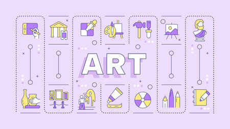 Art light purple word concept. School subject. Painting and sculpture. Academic discipline. Typography banner. Vector illustration with title text, editable icons color. Hubot Sans font usedのイラスト素材