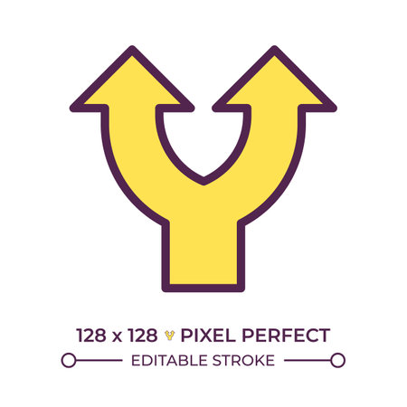 Split arrow RGB color icon. Arrow branching upwards. Representing decision-making, choice and options. Diverging path. Isolated vector illustration. Simple filled line drawing. Editable strokeのイラスト素材