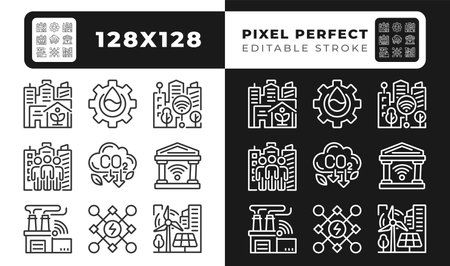 Green city pixel perfect linear icons set for dark, light mode. Smart manufacturing. Renewable energy sources. Thin line symbols for night, day theme. Isolated illustrations. Editable strokeのイラスト素材