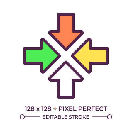 Inward arrows RGB color icon. Four arrows pointing towardsward center. Symbolizing convergence and focus. Isolated vector illustration. Simple filled line drawing. Editable strokeのイラスト素材