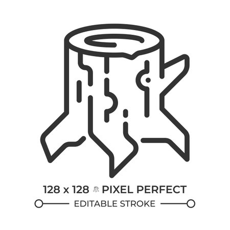 Stump linear icon. Tree removal. Deforestation sign. Logging industry. Forest management. Chopping wood. Thin line illustration. Contour symbol. Vector outline drawing. Editable strokeのイラスト素材