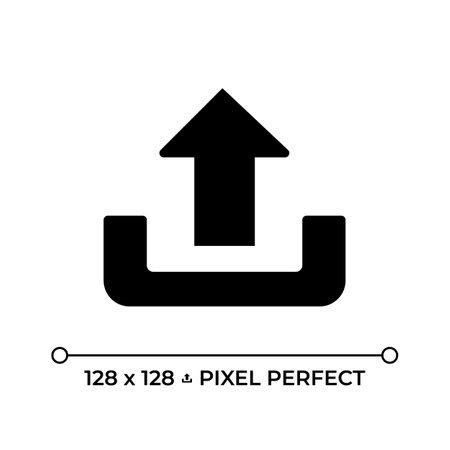 Upload black glyph icon. Upward arrow. User interface button. Data transfer and management. Files transfer. Silhouette symbol on white space. Solid pictogram. Vector isolated illustrationのイラスト素材