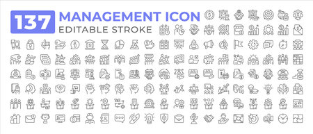 Management line icons big set. Performance business finance. Brainstorming team. Corporate strategy teamwork iconset outline pictograms. Isolated linear vector illustrations. Editable strokeのイラスト素材