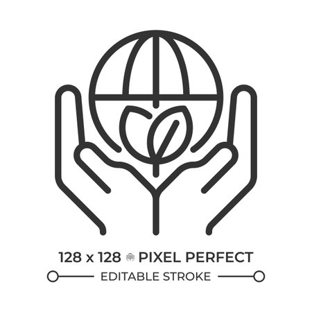 Environmental protection linear icon. Global ecology. Hands holding planet. Climate action. Green living. Thin line illustration. Contour symbol. Vector outline drawing. Editable strokeのイラスト素材