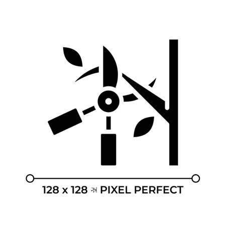 Pruning black glyph icon. Shears cutting branch. Tree trimming. Gardening and tree maintenance. Plant care. Silhouette symbol on white space. Solid pictogram. Vector isolated illustrationのイラスト素材